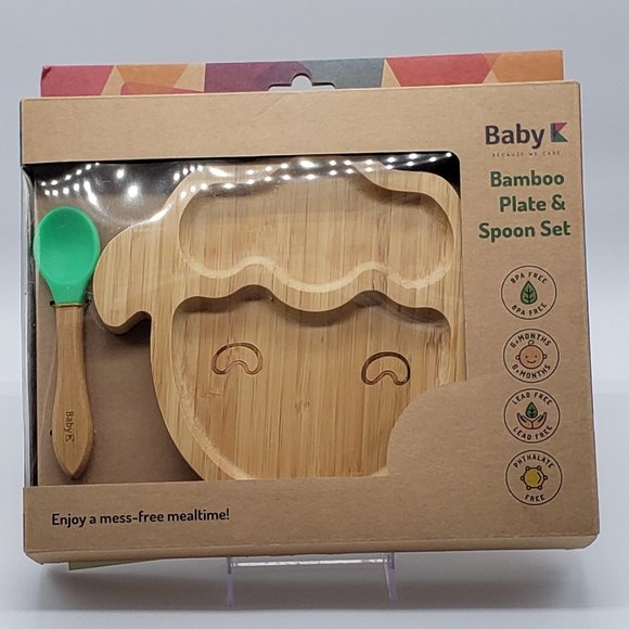 Baby K NIB Bamboo Divided Sheep Plate with Suction & Green Spoon Set - 6 Months - Picture 16 of 16